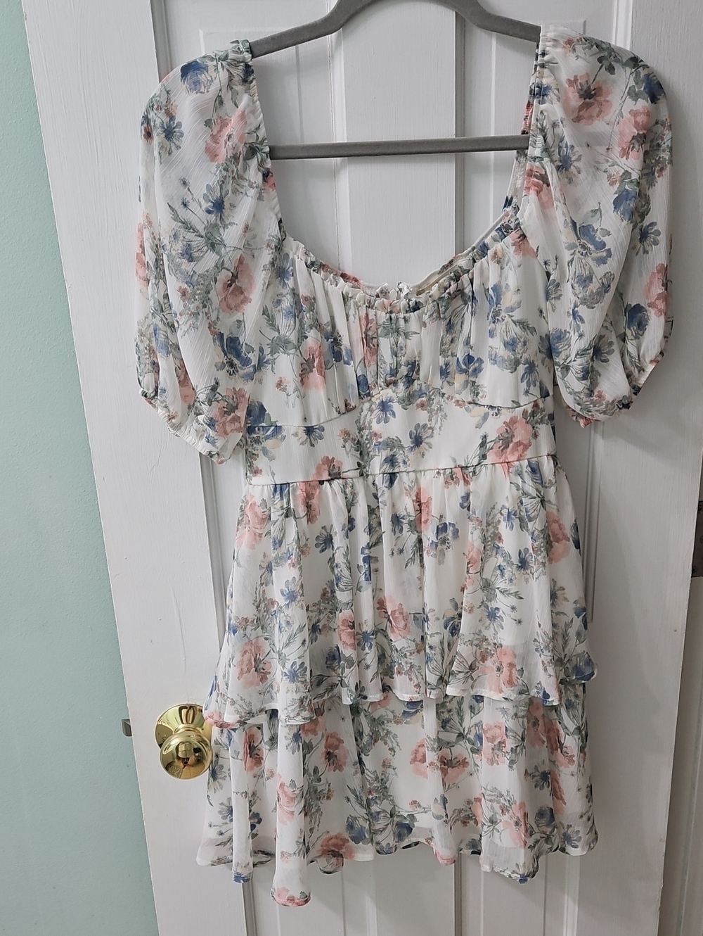 Altar'd State White Dress with Blue, Pink & Green Floral Print